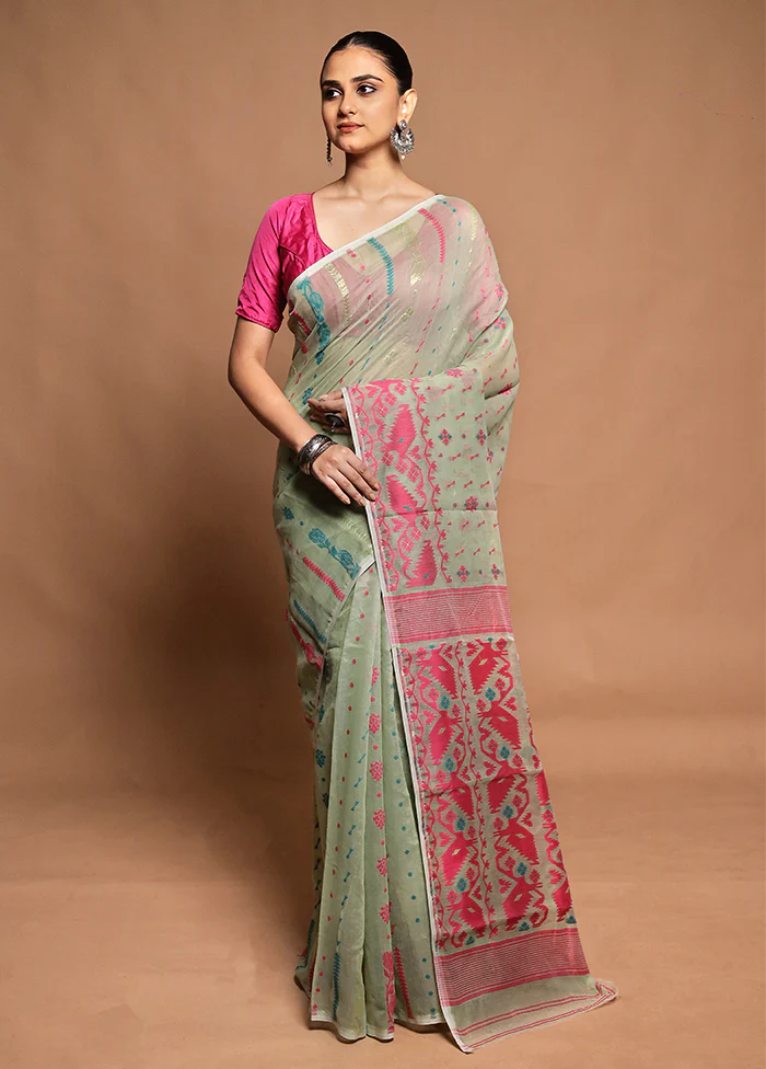 Green Tant Jamdani Saree Without Blouse Piece