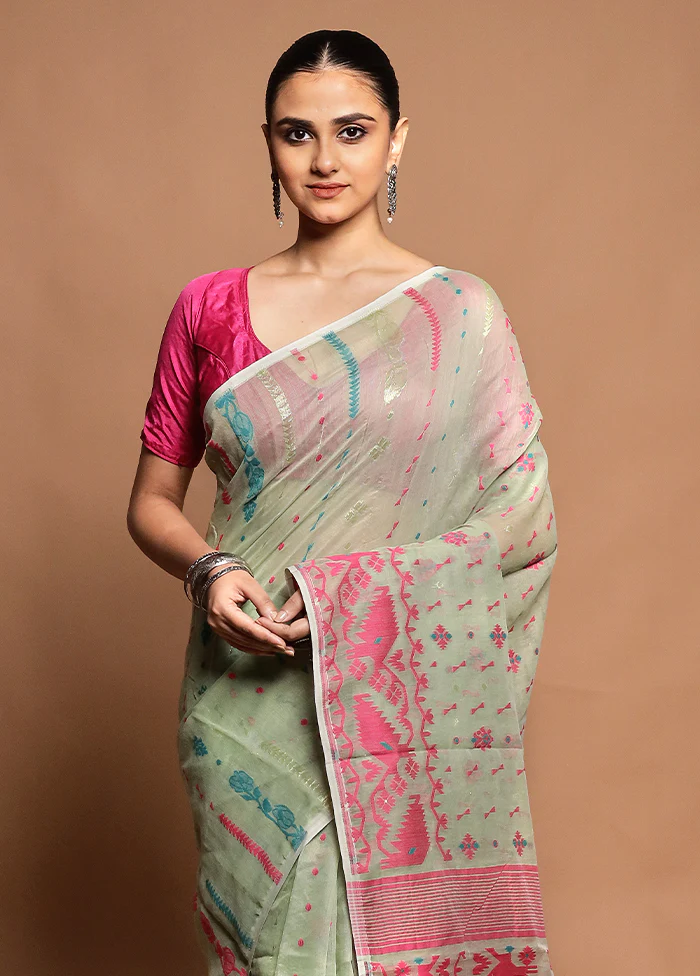 Green Tant Jamdani Saree Without Blouse Piece - Image 2