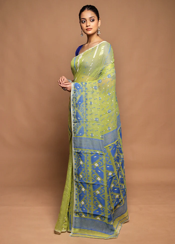 Green Tant Jamdani Saree Without Blouse Piece - Image 4