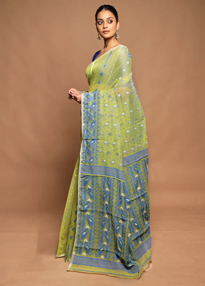 Green Tant Jamdani Saree Without Blouse Piece - Image 4