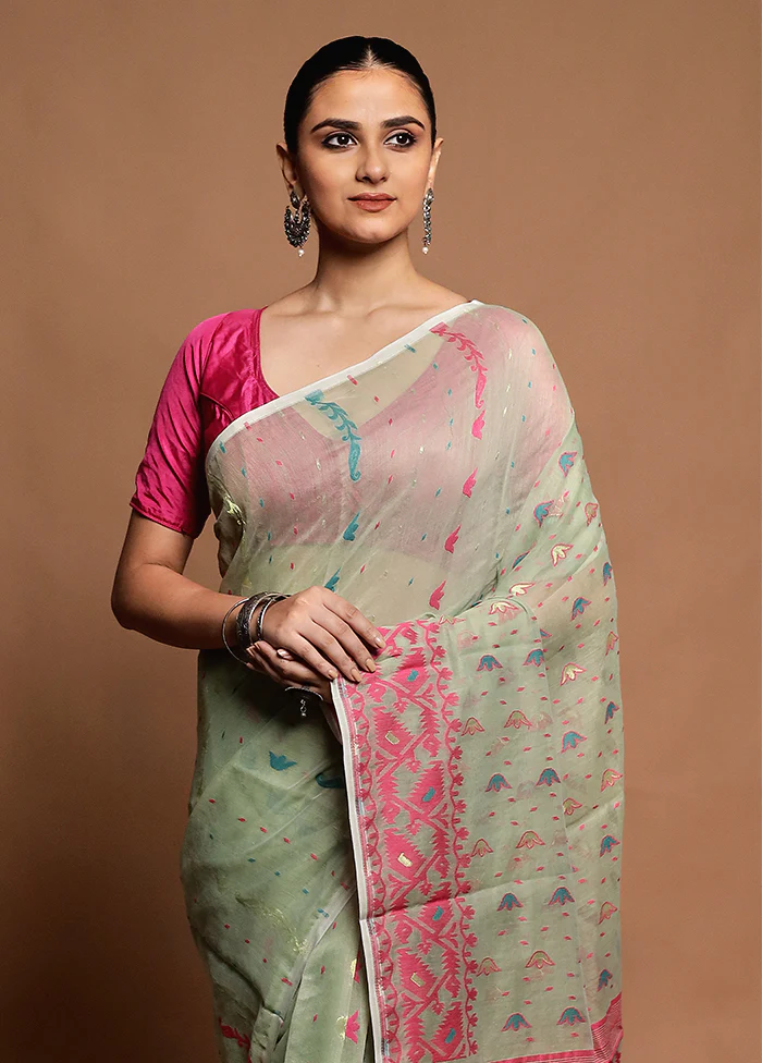 Green Tant Jamdani Saree Without Blouse Piece - Image 2