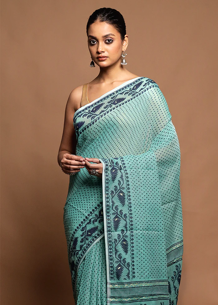 Green Tant Jamdani Saree Without Blouse Piece - Image 2