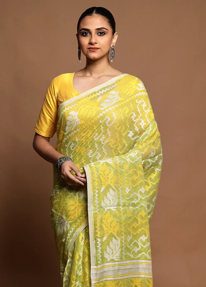 Green Tant Jamdani Saree Without Blouse Piece - Image 2