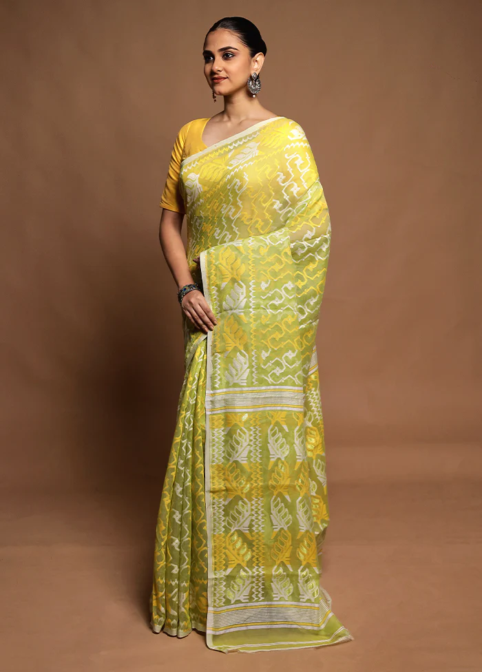 Green Tant Jamdani Saree Without Blouse Piece - Image 4
