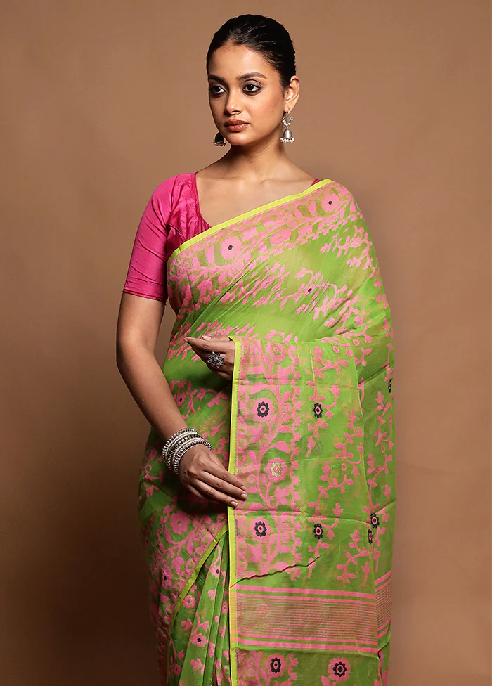 Green Tant Jamdani Saree Without Blouse Piece - Image 2