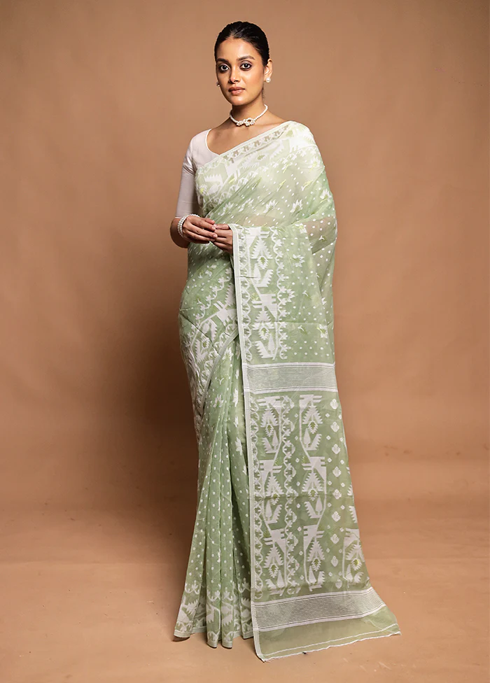 Green Tant Jamdani Saree Without Blouse Piece