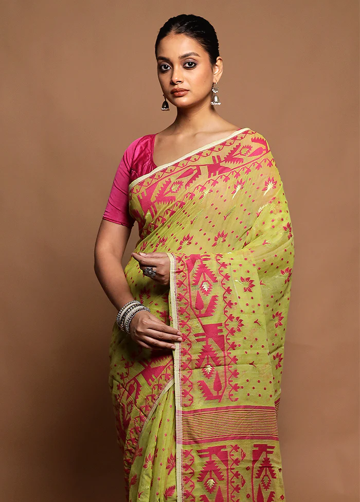 Green Tant Jamdani Saree Without Blouse Piece - Image 2