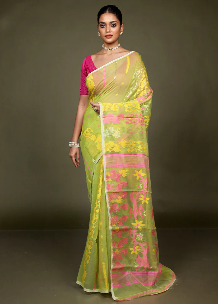 Green Tant Jamdani Saree Without Blouse Piece - Image 2