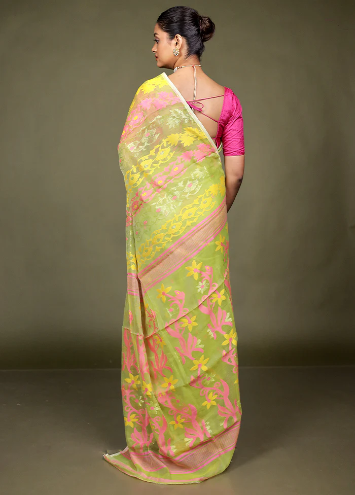 Green Tant Jamdani Saree Without Blouse Piece - Image 3