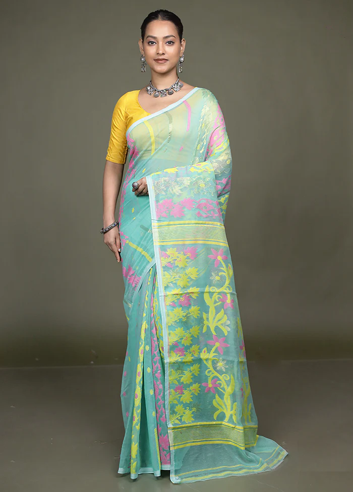 Green Tant Jamdani Saree Without Blouse Piece - Image 2
