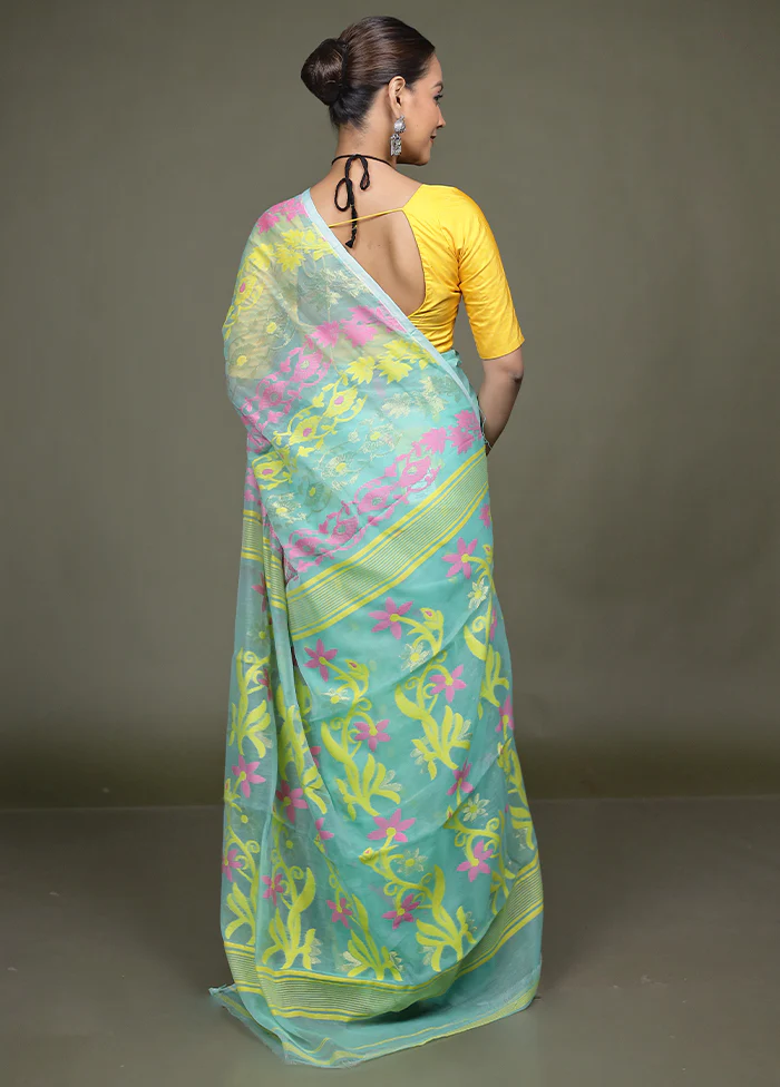 Green Tant Jamdani Saree Without Blouse Piece - Image 3