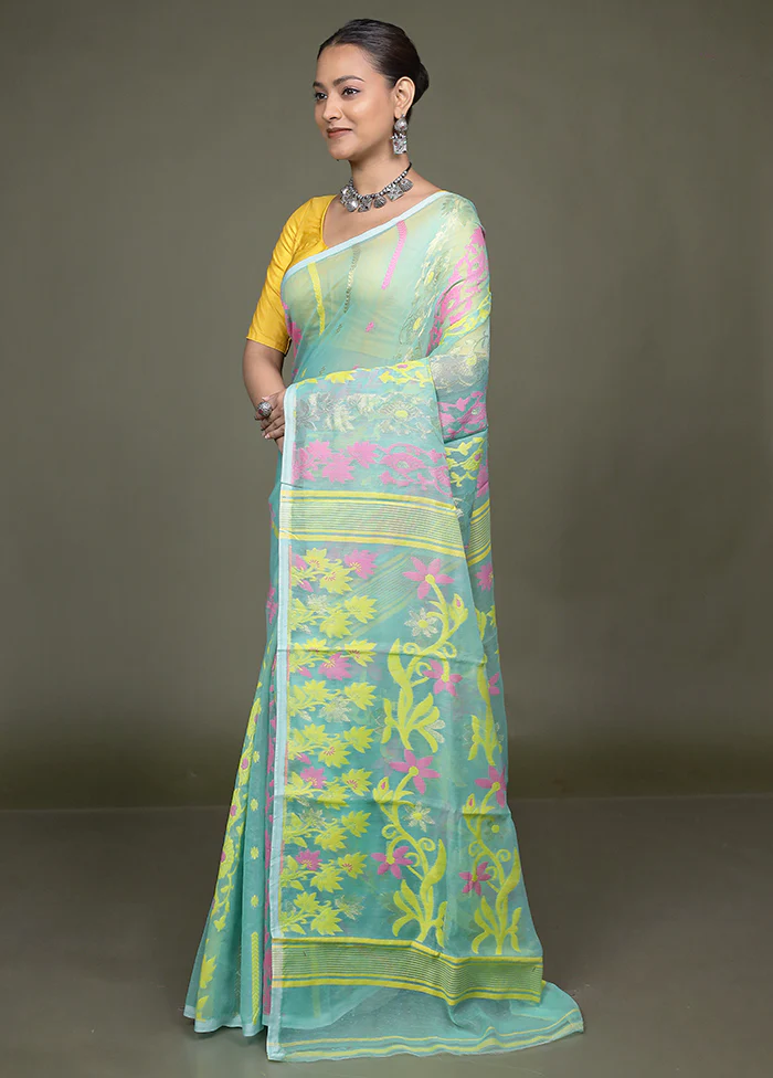 Green Tant Jamdani Saree Without Blouse Piece - Image 4