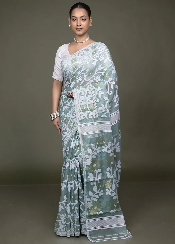 Green Tant Jamdani Saree Without Blouse Piece - Image 2