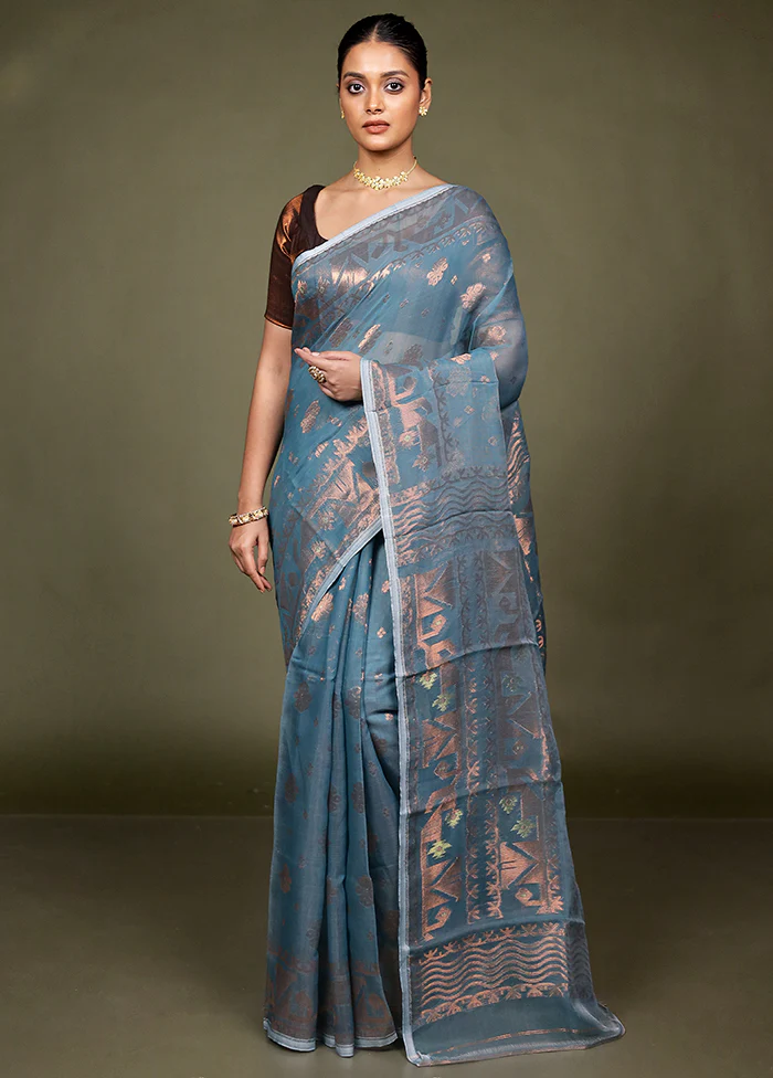 Green Tant Jamdani Saree Without Blouse Piece