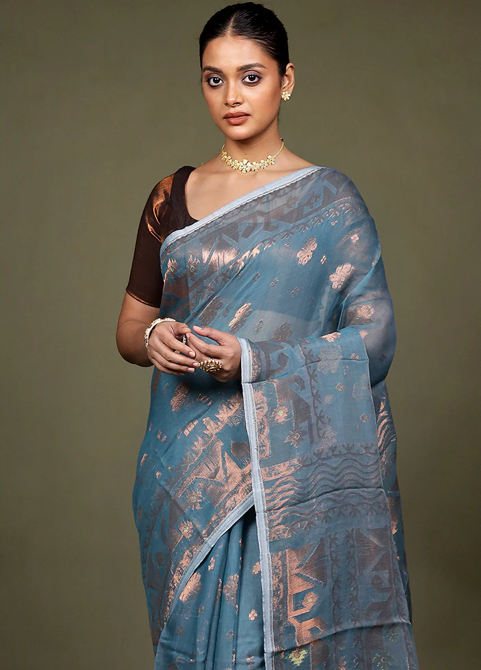 Green Tant Jamdani Saree Without Blouse Piece - Image 2