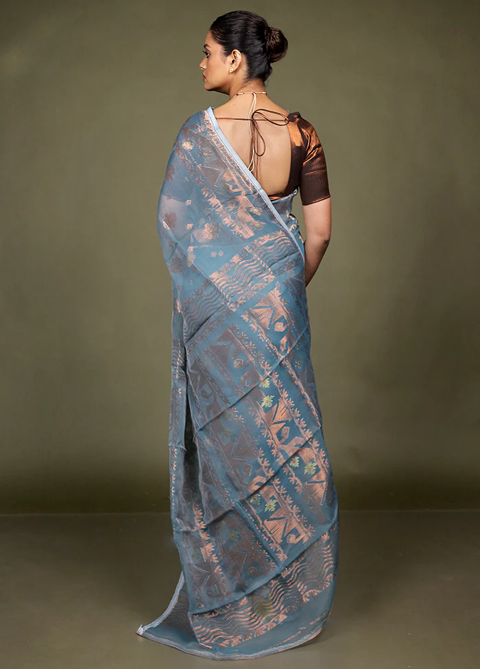 Green Tant Jamdani Saree Without Blouse Piece - Image 3