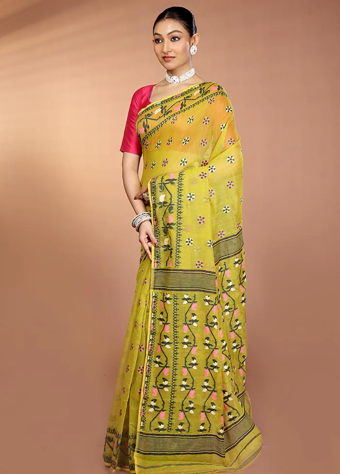 Green Tant Jamdani Saree Without Blouse Piece - Image 4
