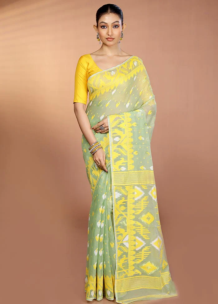 Green Tant Jamdani Saree Without Blouse Piece - Image 2