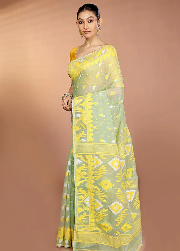 Green Tant Jamdani Saree Without Blouse Piece - Image 4
