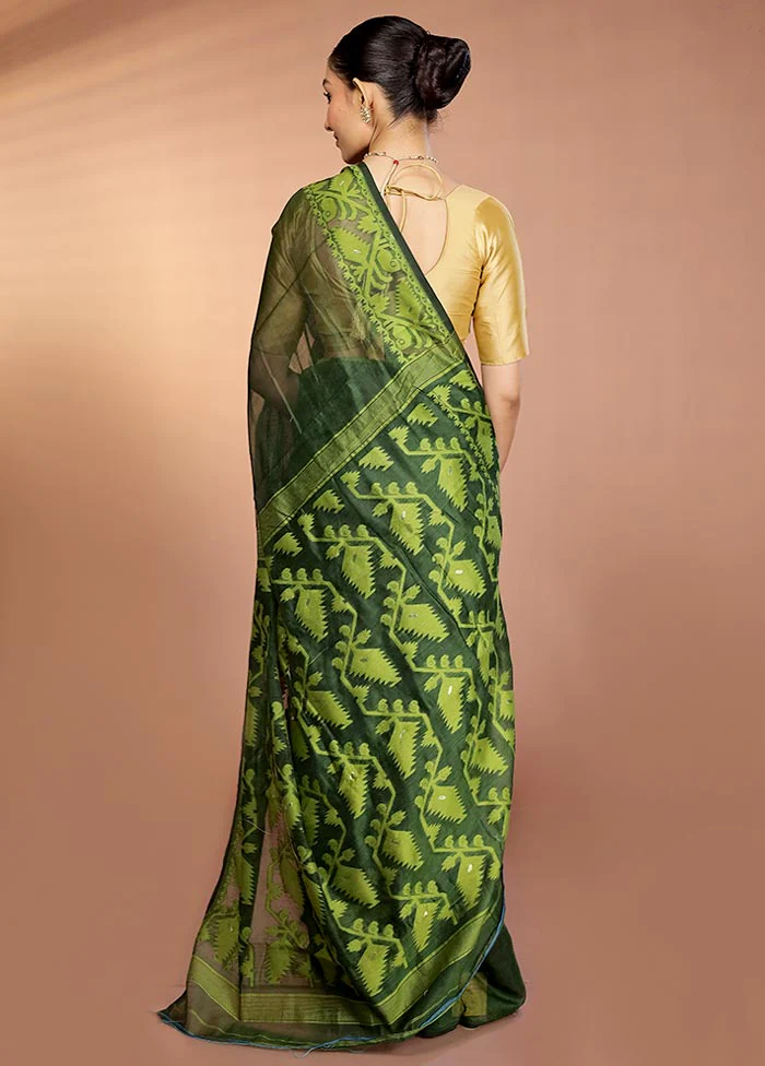 Green Tant Jamdani Saree Without Blouse Piece - Image 3
