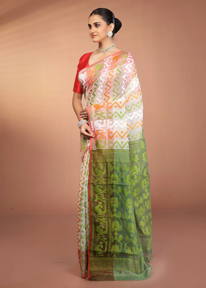 Green Tant Jamdani Saree Without Blouse Piece - Image 4