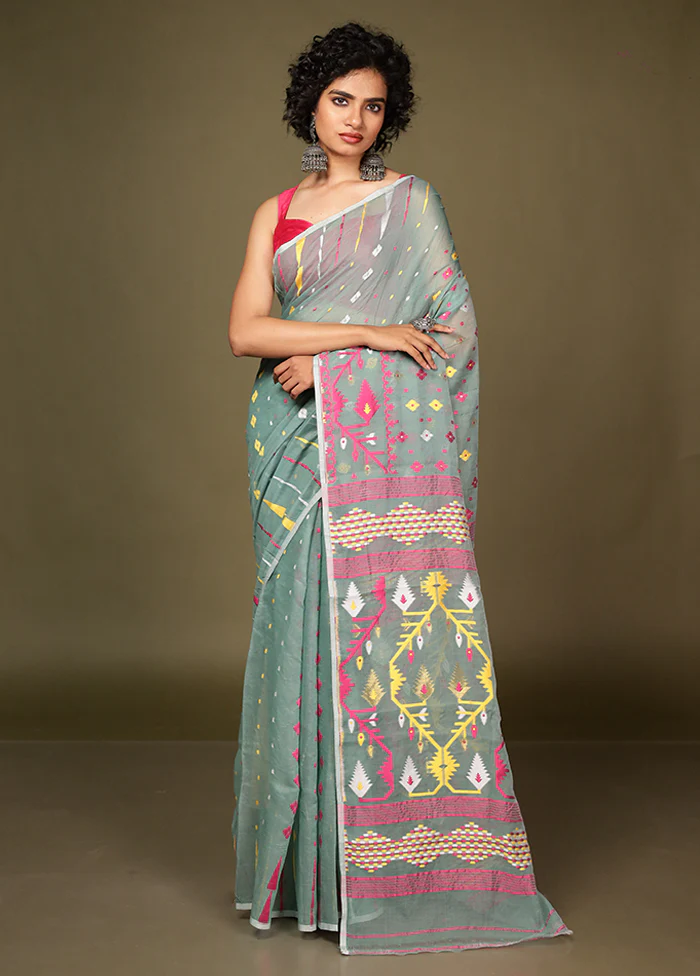 Green Tant Jamdani Saree Without Blouse Piece - Image 2