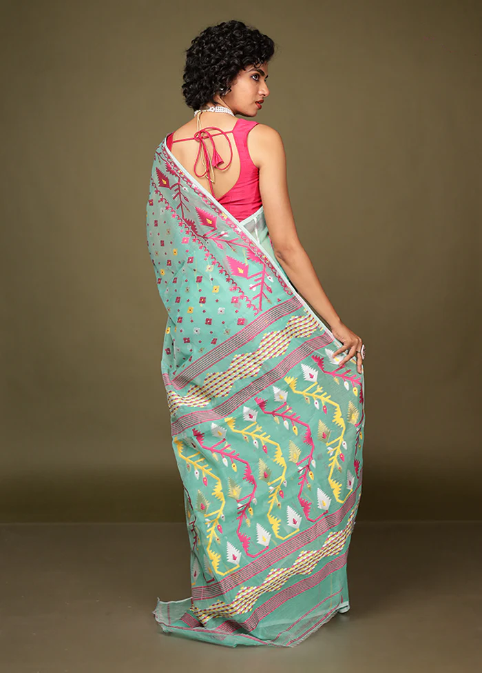 Green Tant Jamdani Saree Without Blouse Piece - Image 3