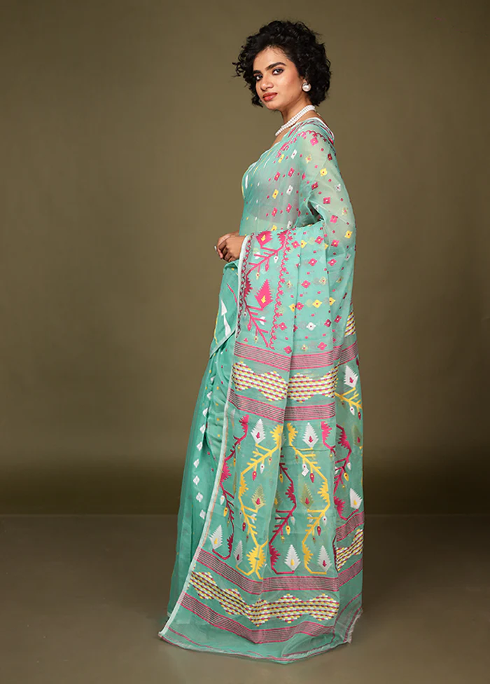 Green Tant Jamdani Saree Without Blouse Piece - Image 4