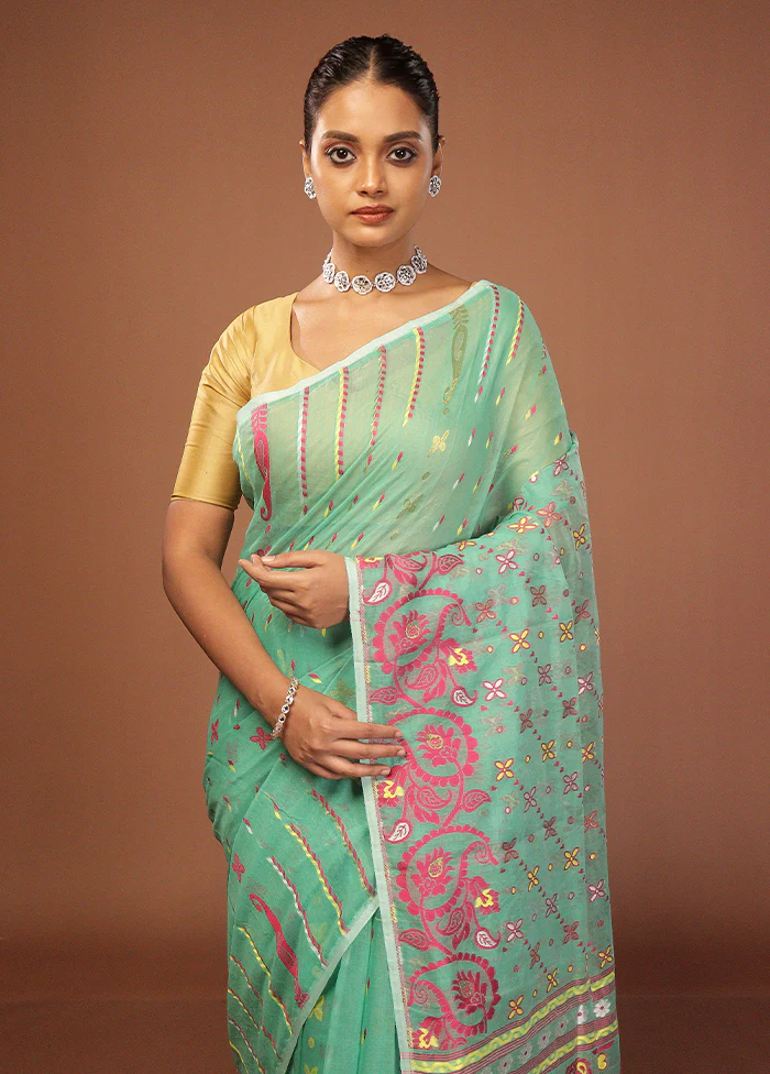 Green Jamdani Cotton Saree Without Blouse Piece