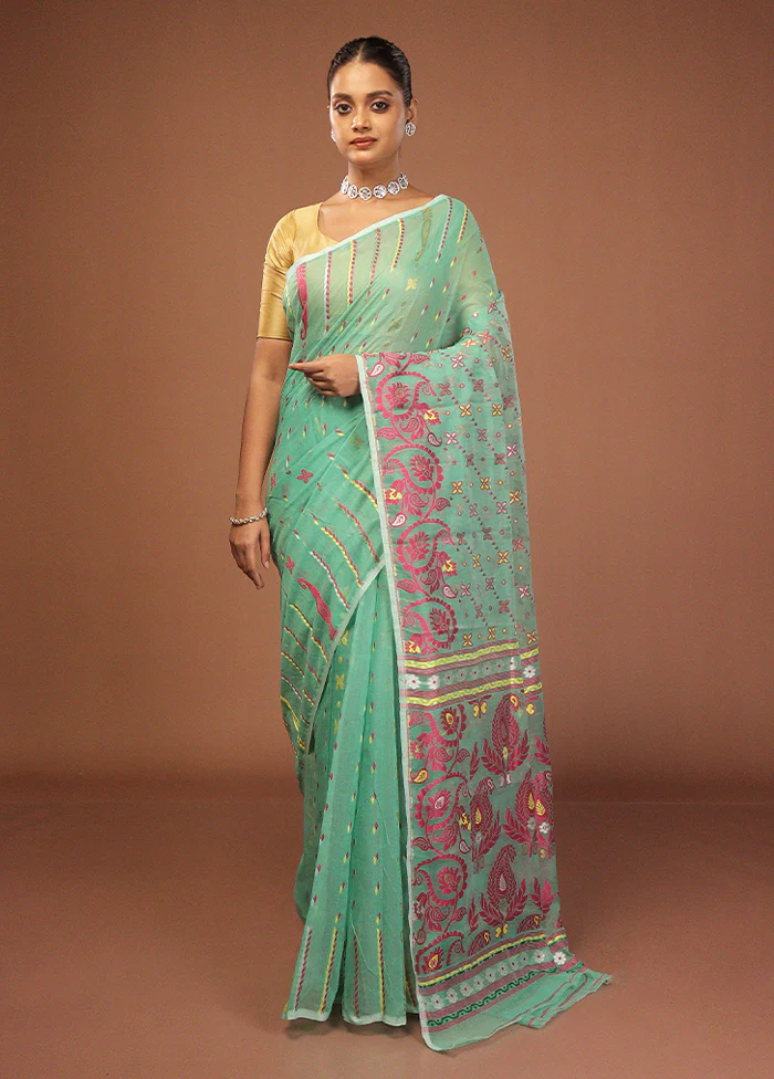Green Jamdani Cotton Saree Without Blouse Piece - Image 2