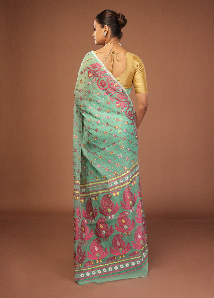 Green Jamdani Cotton Saree Without Blouse Piece - Image 3