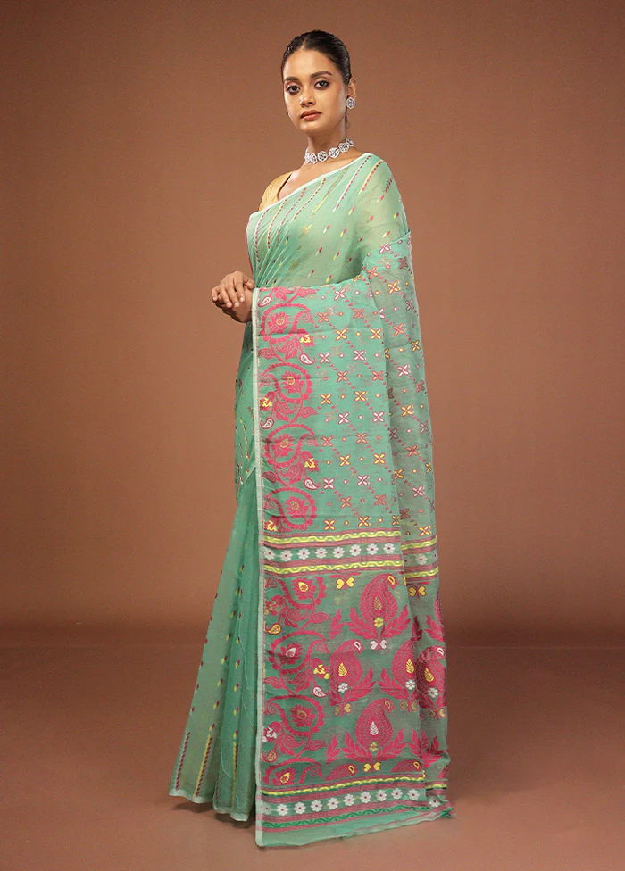 Green Jamdani Cotton Saree Without Blouse Piece - Image 4