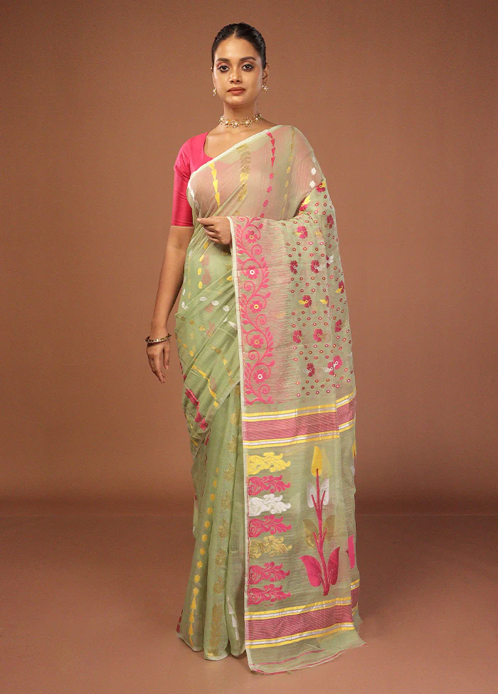 Green Jamdani Cotton Saree Without Blouse Piece - Image 2