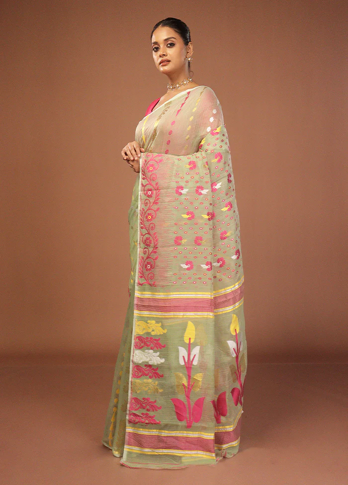 Green Jamdani Cotton Saree Without Blouse Piece - Image 4