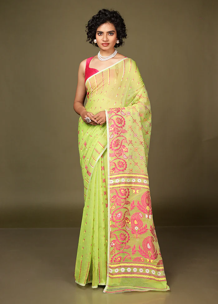 Green Tant Jamdani Saree Without Blouse Piece - Image 2