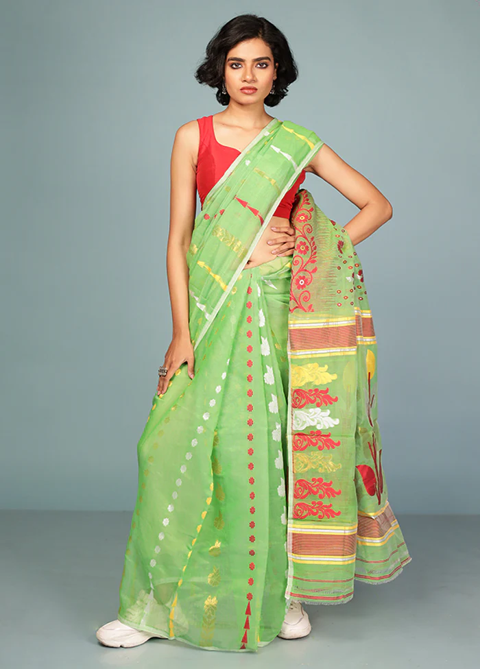 Green Tant Jamdani Saree Without Blouse Piece - Image 2
