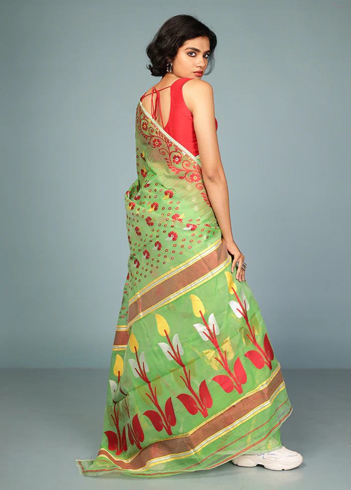 Green Tant Jamdani Saree Without Blouse Piece - Image 3