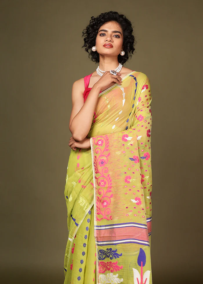 Green Jamdani Cotton Saree Without Blouse Piece