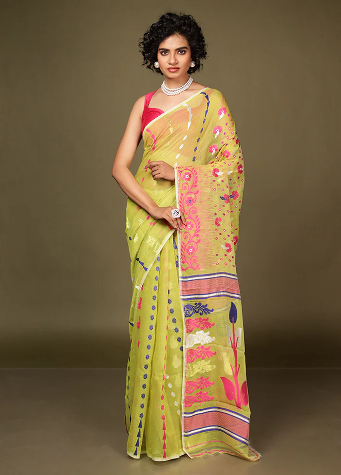 Green Jamdani Cotton Saree Without Blouse Piece - Image 2