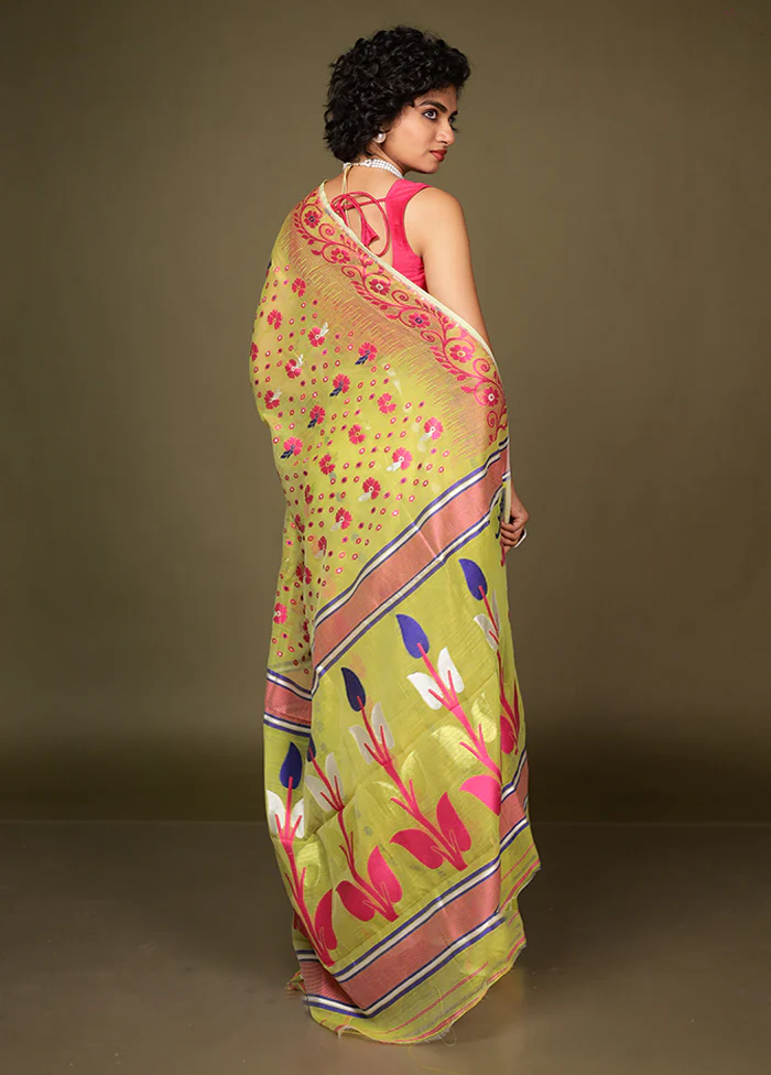 Green Jamdani Cotton Saree Without Blouse Piece - Image 3