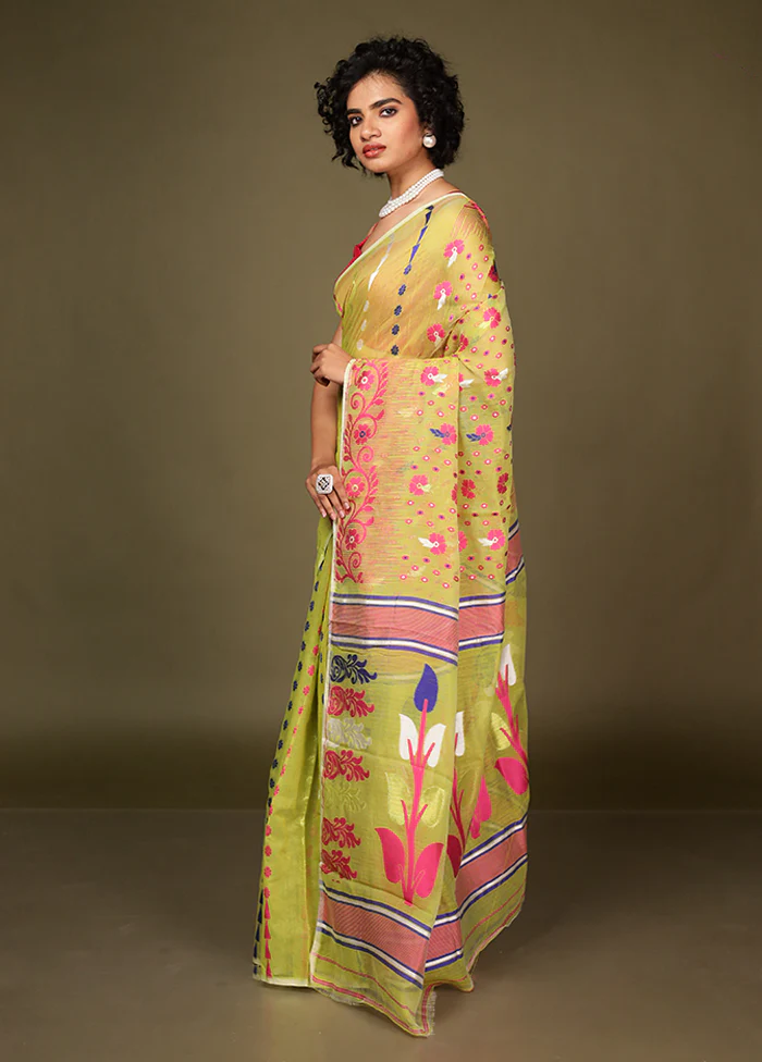 Green Jamdani Cotton Saree Without Blouse Piece - Image 4