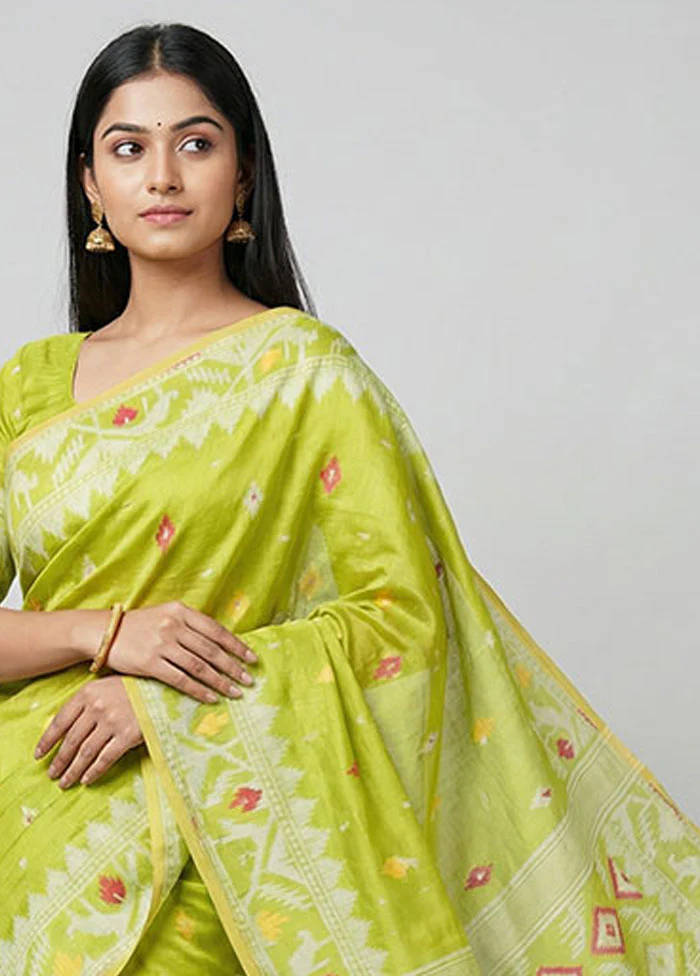 Green Jamdani Cotton Saree Without Blouse Piece - Image 2