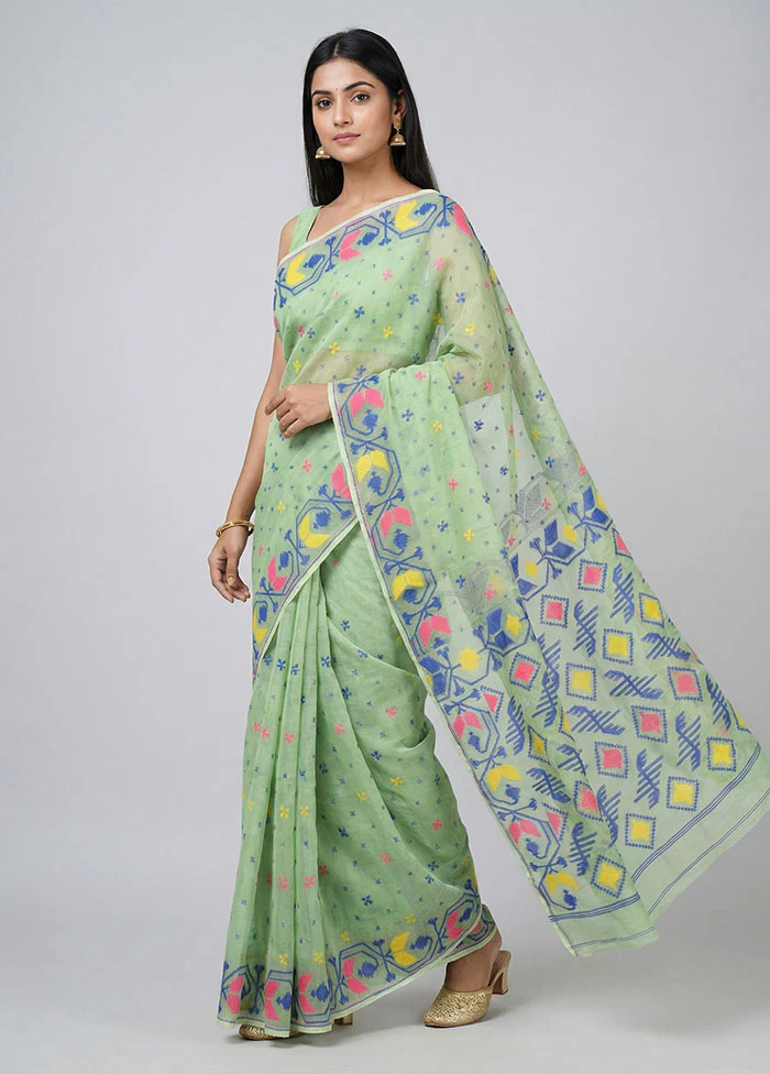 Green Jamdani Cotton Saree Without Blouse Piece
