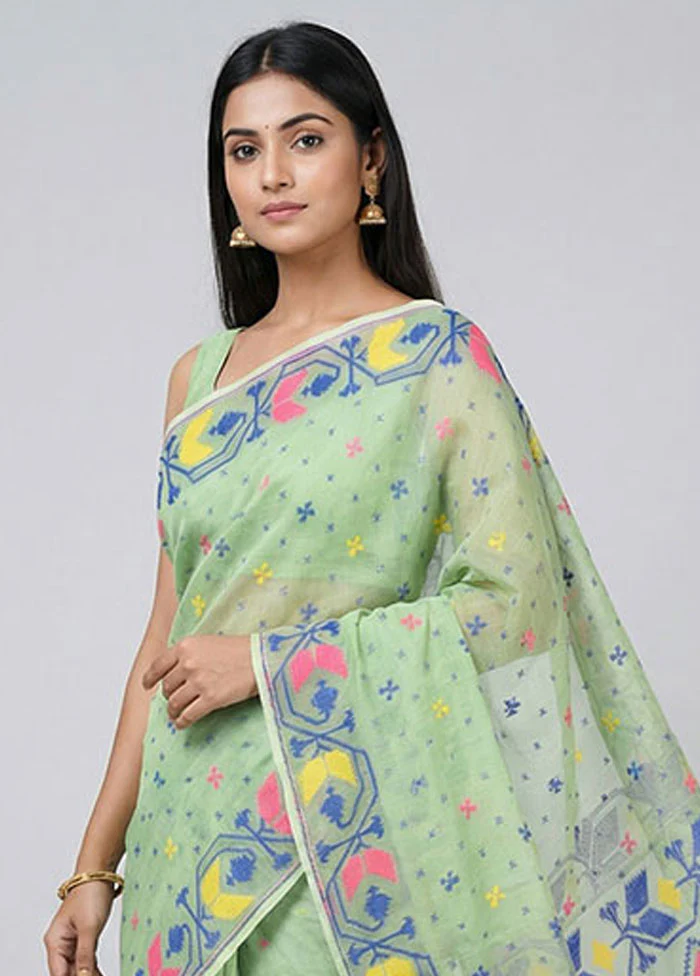 Green Jamdani Cotton Saree Without Blouse Piece - Image 2