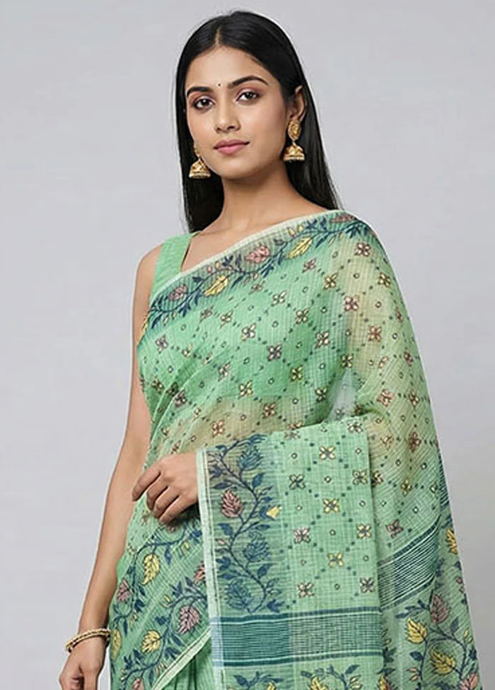 Green Jamdani Cotton Saree Without Blouse Piece - Image 2
