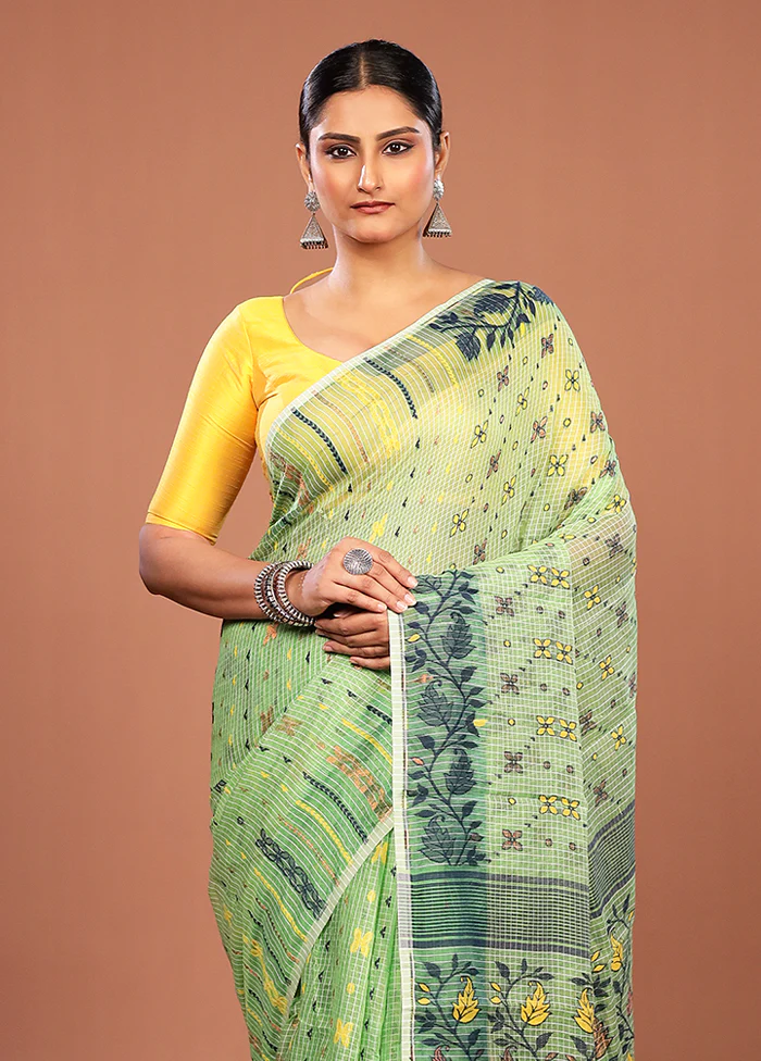 Green Jamdani Cotton Saree Without Blouse Piece