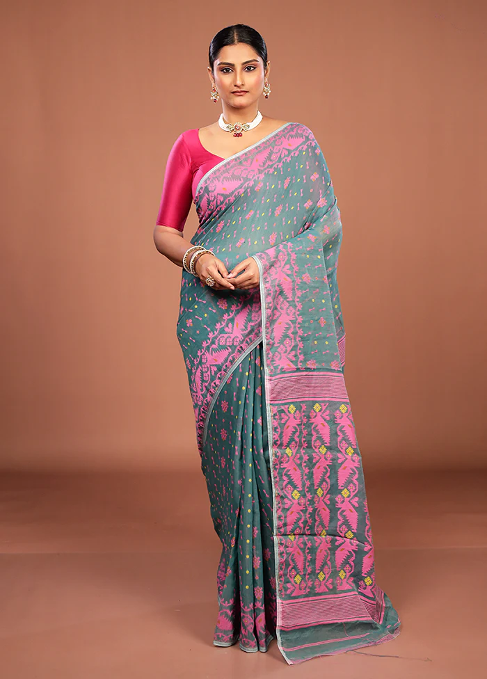 Green Jamdani Cotton Saree Without Blouse Piece - Image 2
