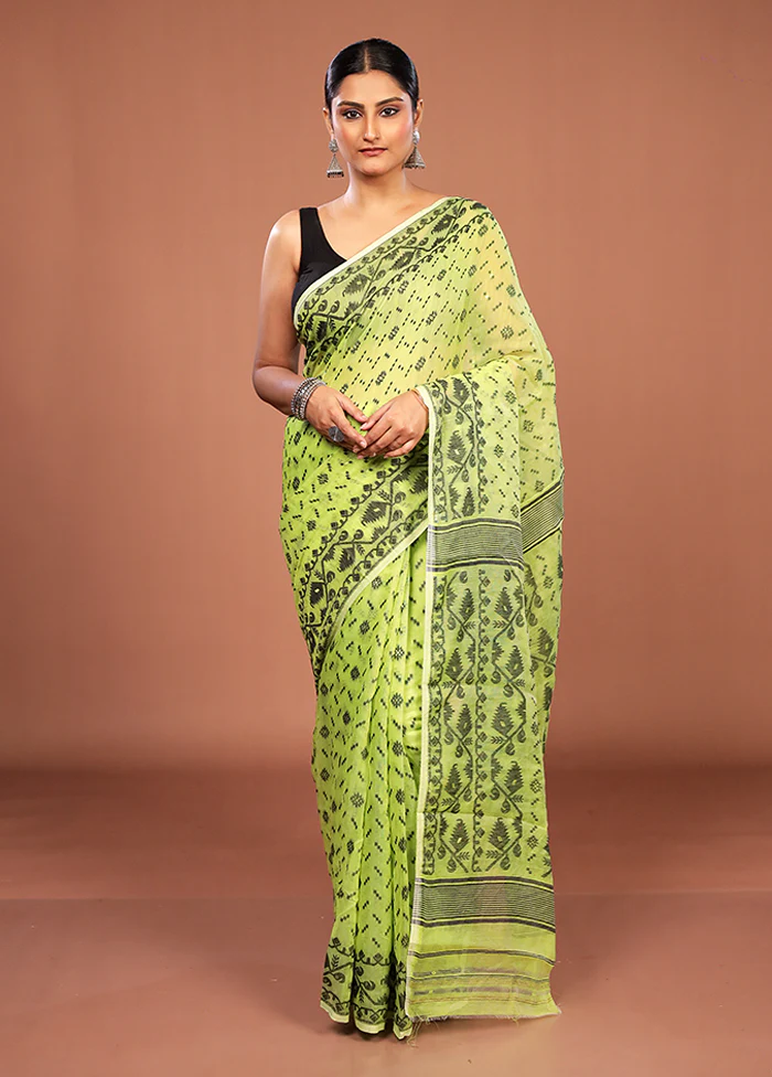 Green Jamdani Cotton Saree Without Blouse Piece - Image 2