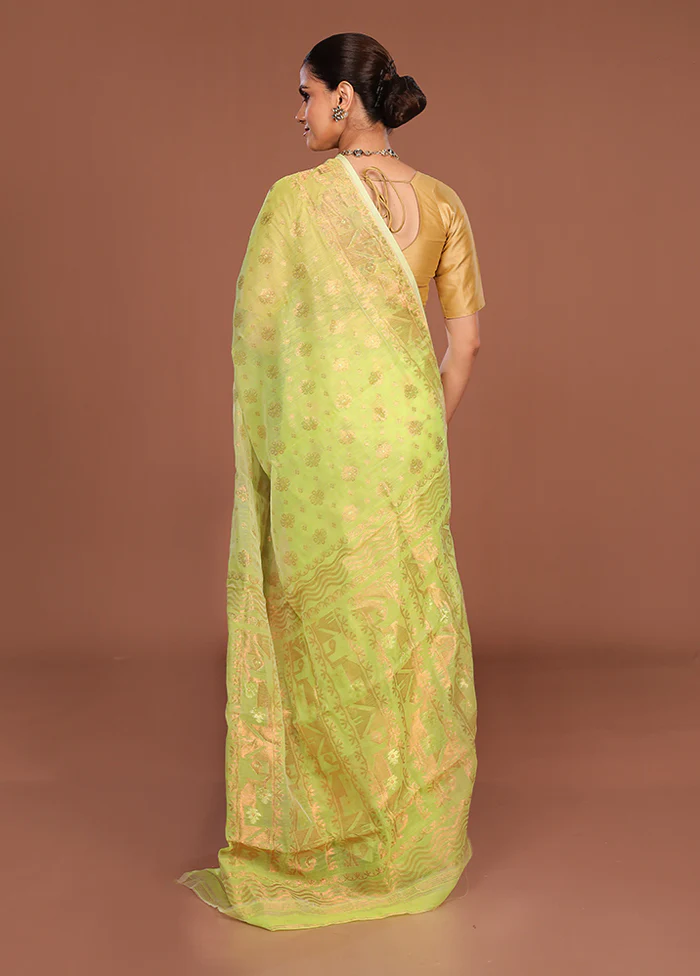Green Jamdani Cotton Saree Without Blouse Piece - Image 3