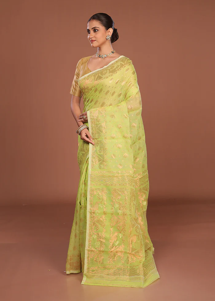 Green Jamdani Cotton Saree Without Blouse Piece - Image 4